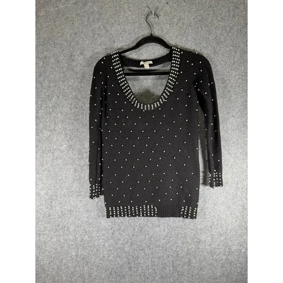 Boston Proper Womens XS‎ Black Lambswool Blend Studded Beaded V-Neck Sweater - Picture 2 of 8